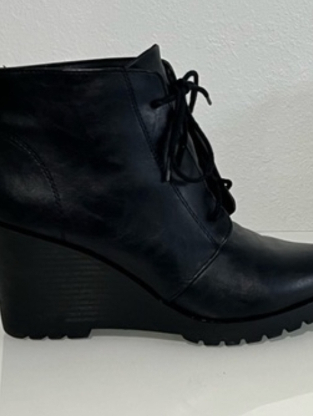Womens sz 9 Soda Black PU LeatherAnkle Bootie Platform Wedge Lace Up Grunge Boot